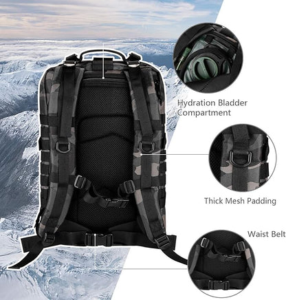 MOLLE Assault Pack, Tactical Backpack Military Army Camping Rucksack, 3-Day Pack Trip w/USA Flag Patch, D-Rings, Black Camo