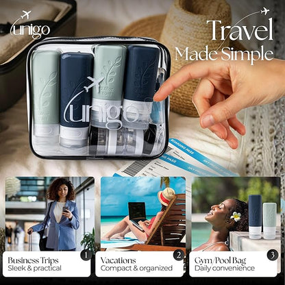 unigo 30pack Full Set TSA Approved Travel Bottles, Travel Size Containers for Toiletries, Refillable Leakproof Travel Shampoo and Conditioner Bottles,Toiletry Containers, Extra Sleeves (White,Black)