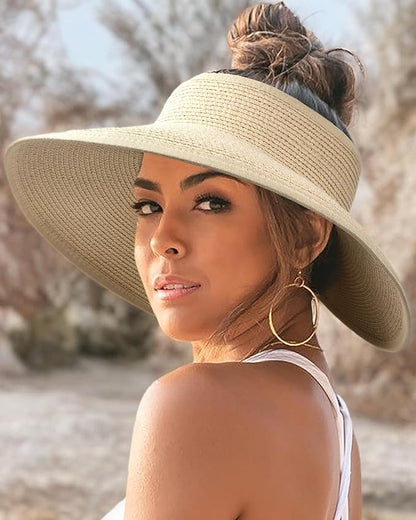 FURTALK Sun Hats for Women Wide Brim Beach Hat Straw Visor Ponytail Summer UV Packable Foldable Beach Vacation Essentials