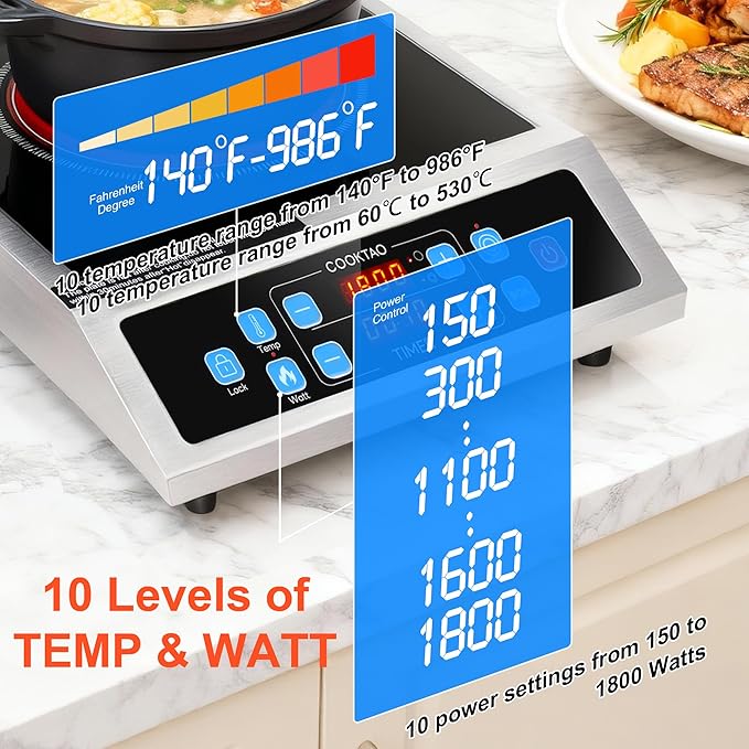 Dual Coils Design of Stainless Steel Single Burner Electric Cooktop, 1800W Commercial Ceramic Infrared Cooking Hot Plate, 12 inch Portable Countertop Radiant Stove Top Cooker with WATT n TEMP Control