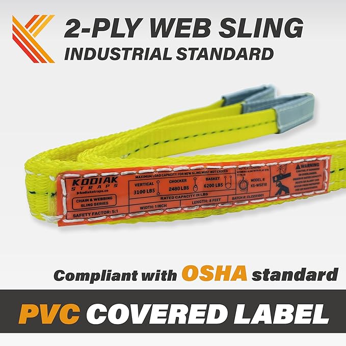 2-Ply Lifting Straps 1”x 10ft Webbing Sling Tree Saver 2Pack Heavy Duty Web Strap Rigging Moving Towing Hoisting Gear KODIAK STRAPS