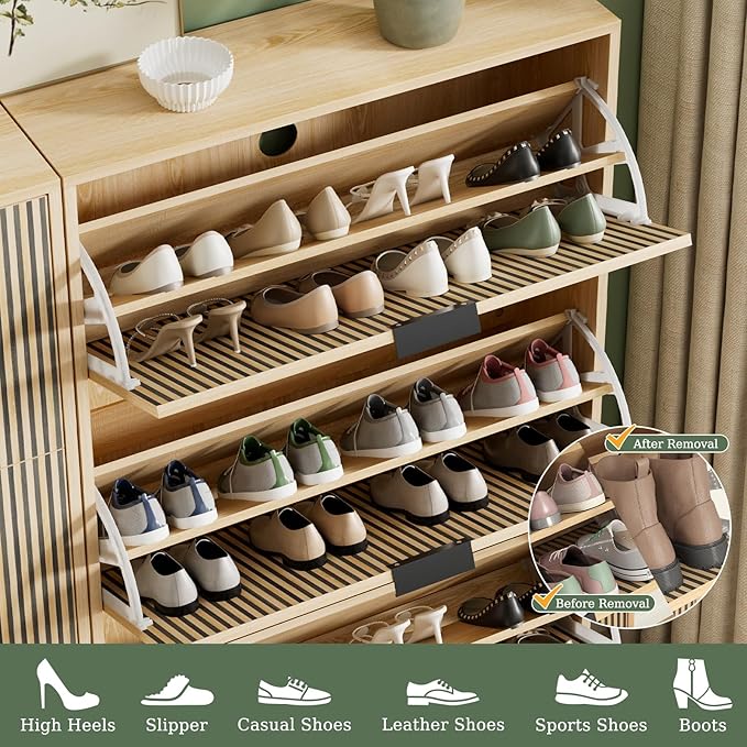 Shoe Cabinet Storage with 3 Flip Drawers, Shoe Organizer Cabinet for Entryway Slim, Modern Freestanding Hidden Shoe Rack Organizer Shoe Cupboard for Hallway, Natural Wood