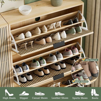 Shoe Cabinet Storage with 3 Flip Drawers, Shoe Organizer Cabinet for Entryway Slim, Modern Freestanding Hidden Shoe Rack Organizer Shoe Cupboard for Hallway, Natural Wood