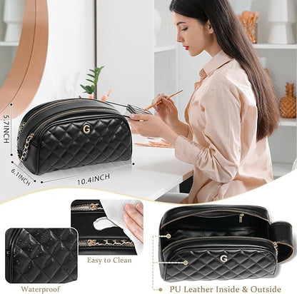 COSHAYSOO Unique Christmas Valentines Easter Mothers Day Travel Gifts for Women Mom Teacher Nurse Adult Daughter, Black Personalized Makeup Bag Quilted Leather Cosmetic Bags Monogram Initial Letter G