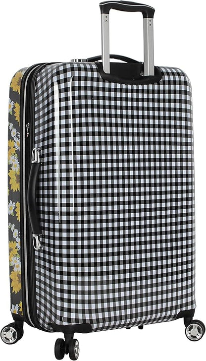 Betsey Johnson 26 Inch Checked Luggage Collection - Expandable Scratch Resistant (ABS + PC) Hardside Suitcase - Designer Lightweight Bag with 8-Rolling Spinner Wheels (Sunflower)