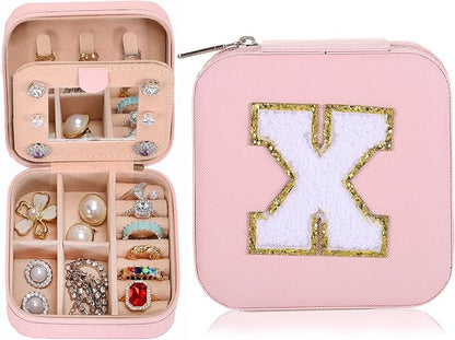 Small Jewelry Box Travel Jewelry Case Jewelry Holder Organizer,Travel Essentials Box Jewelry Organizer,Personalized Birthday Gifts for Teen Girls Women Initial X, X-pink