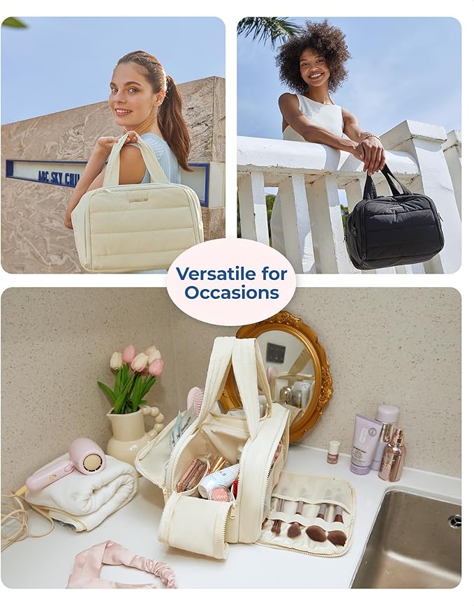 BAGSMART Travel Toiletry Bag, Crush Toiletry Bag for Women, Wide-open Puffy Toiletry Bags for Traveling, Large Travel Cosmetic Makeup Bag Organizer for Accessories,Toiletrie, Beige