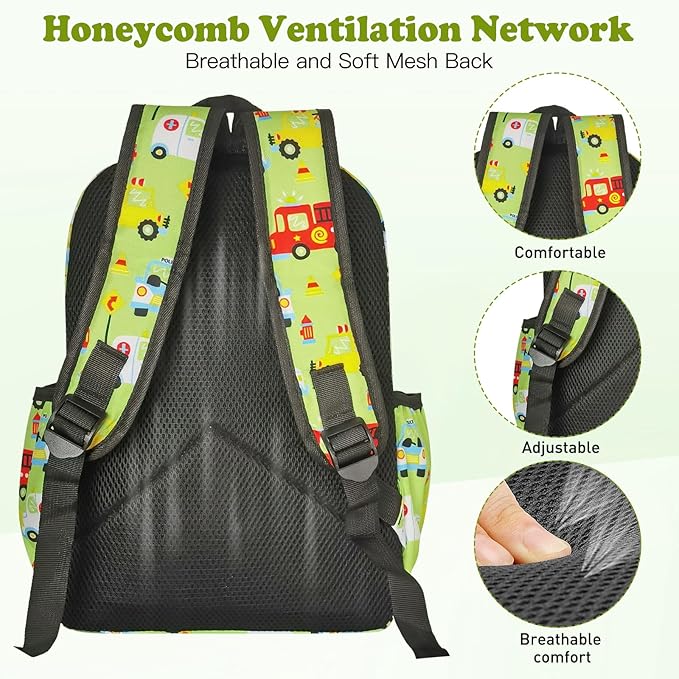 Little Kids Backpack for Girls Boys - 15 Inch Preschool Kindergarten Backpack Cute Car Patterns School Bag for Aged 3-8, Green