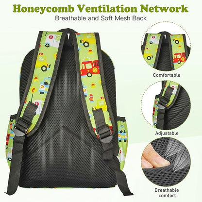 Little Kids Backpack for Girls Boys - 15 Inch Preschool Kindergarten Backpack Cute Car Patterns School Bag for Aged 3-8, Green