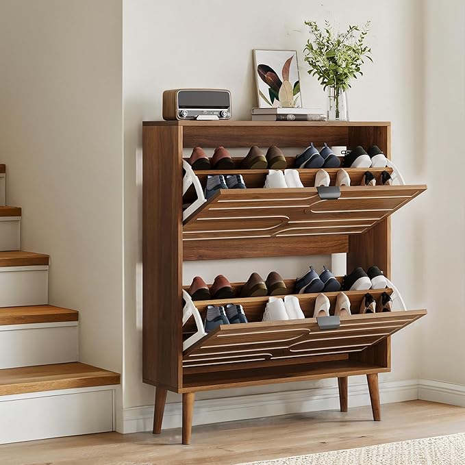 Spaco Walnut Shoe Cabinet Storage for Entryway,Narrow Shoe Organizer Cabinet with 2 Flip Drawers,Slim Shoe Rack with Solid Wood Leg for Hallway,Closet