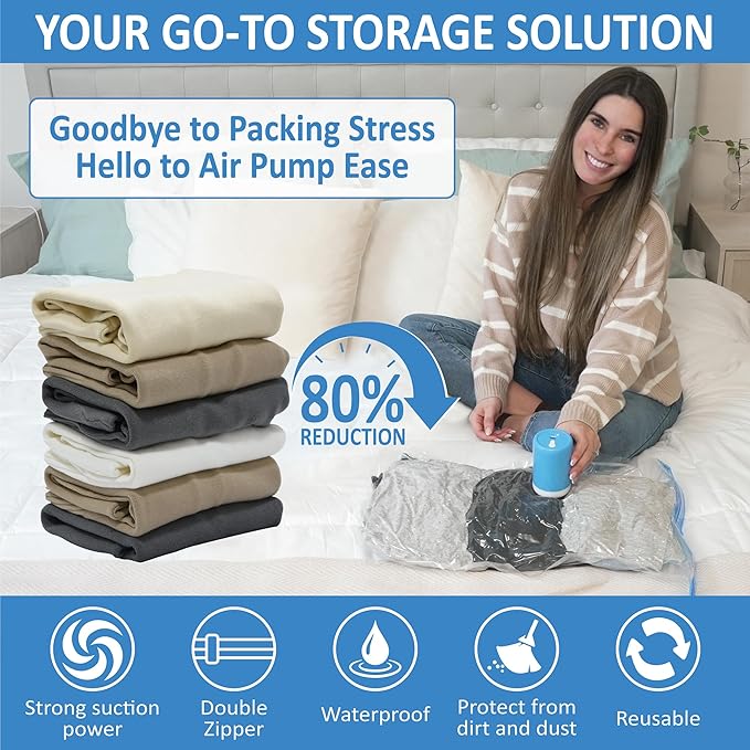 10 Pack Travel Vacuum Storage Bags with Rechargeable Wireless Electric Pump for Luggage, Suitcase, Carry-on Size Vacuum Seal Compression Space Saver Bags for Clothes and Clothing Travel