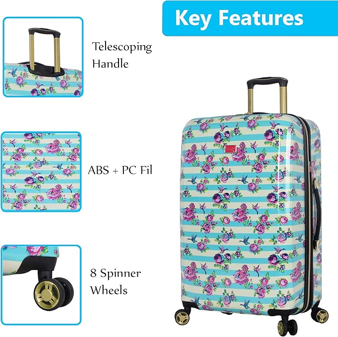 Betsey Johnson 26 Inch Checked Luggage Collection - Expandable Scratch Resistant (ABS + PC) Hardside Suitcase - Designer Lightweight Bag with 8-Rolling Spinner Wheels (Stripe Floral Hummingbird)
