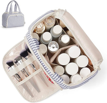 Narwey Large Travel Toiletry Bag, Wide-open Travel Bag for Toiletries, Toiletry Bags for Traveling Women, Cosmetic Make Up Makeup Bag Organizer with Wet Pocket, Skincare Bag (Greyish Blue Stripe)