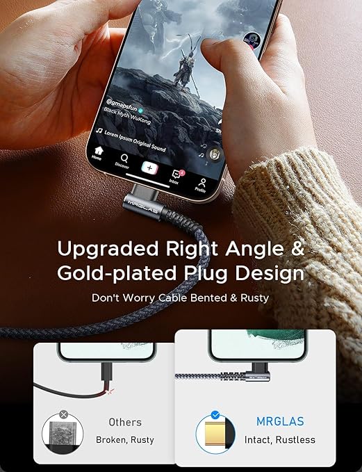 MRGLAS USB C Cable 3.2A【Upgraded 90°& Gold-Plated】, [4-Pack,10+6.6+3.3+1.6FT] Type C Fast Charging Cable Right Angle Nylon Braided USB A to USBC Cord for iPhone 17/16 Samsung S25 Ultra S10 Note 10