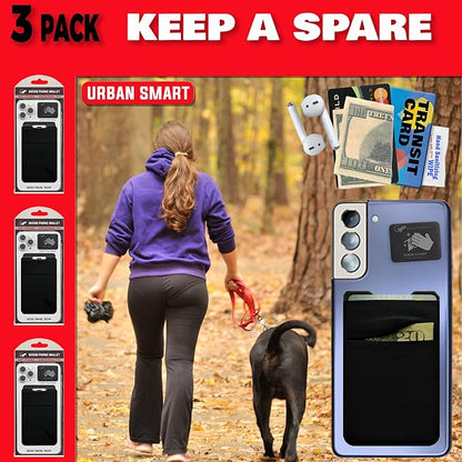Gecko Travel Tech Double Pocket - Adhesive Card Holder - Cell Phone Pouch - Stick on Spandex Pocket - Carry Credit Cards and Cash (3 PACK - -BLANK- BLACK)
