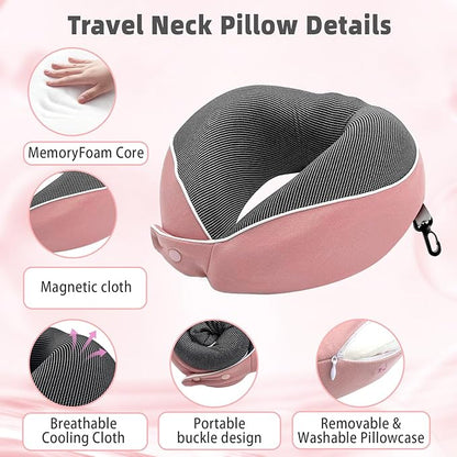 Memory Foam Travel Neck Pillow - with Portable Storage Case, 360° Ergonomic Support for Airplanes & Office, Compact & Portable (Pink)