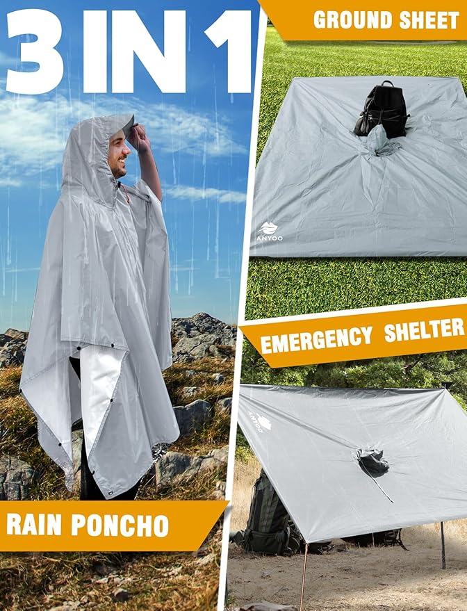 ANYOO Hooded Rain Poncho for Adults Waterproof Lightweight Rain Coat for Men Women Reusable Rain Jacket for Emergency Outdoor