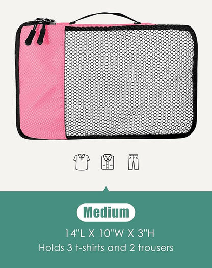 4-Piece Packing Cubes Travel Accessories Set for Suitcases - Luggage Organizer Bags with Double Zipper - Mesh Top - Medium - Pink