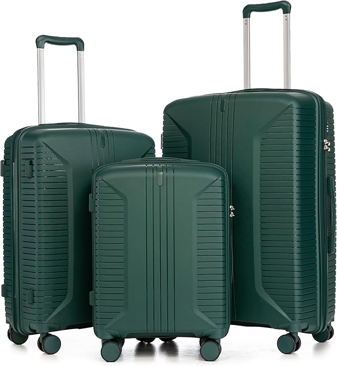 Campfun 3 Piece Luggage Sets, PP Suitcase Set with Double Spinner Wheels Hang Hook, Durable Carry On Luggage with Combination Lock, 20/24/28 inch, Green