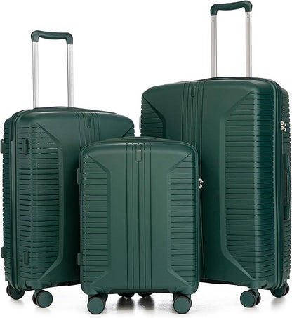 Campfun 3 Piece Luggage Sets, PP Suitcase Set with Double Spinner Wheels Hang Hook, Durable Carry On Luggage with Combination Lock, 20/24/28 inch, Green