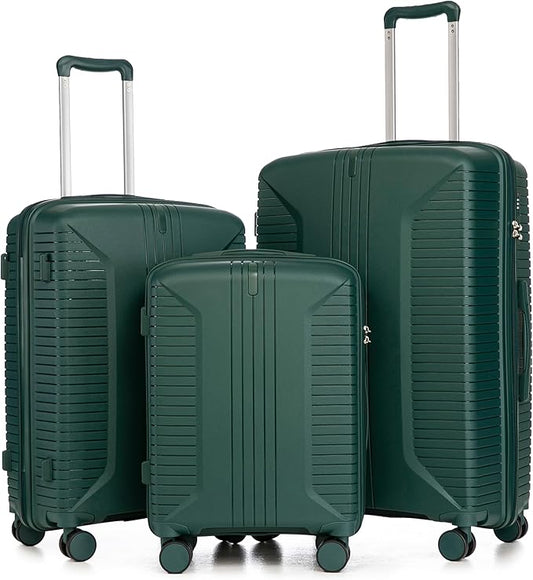 Campfun 3 Piece Luggage Sets, PP Suitcase Set with Double Spinner Wheels Hang Hook, Durable Carry On Luggage with Combination Lock, 20/24/28 inch, Green