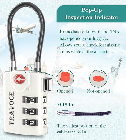 Search Alert TSA Approved Travel Combination Luggage Cable Locks for Suitcase, Gym Locker,Toolbox,Backpack 1,2,4,6 &10 pk (White 4 Pack)