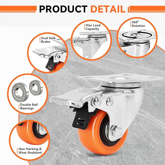 W B D WEIBIDA 2" Plate Caster Wheels Heavy Duty 600 Lbs Load Capacity Swivel Casters with Brake Set of 4, Safety Dual Locking, No Noise Wheels for Furniture, Carts (Screws and Screwdriver)