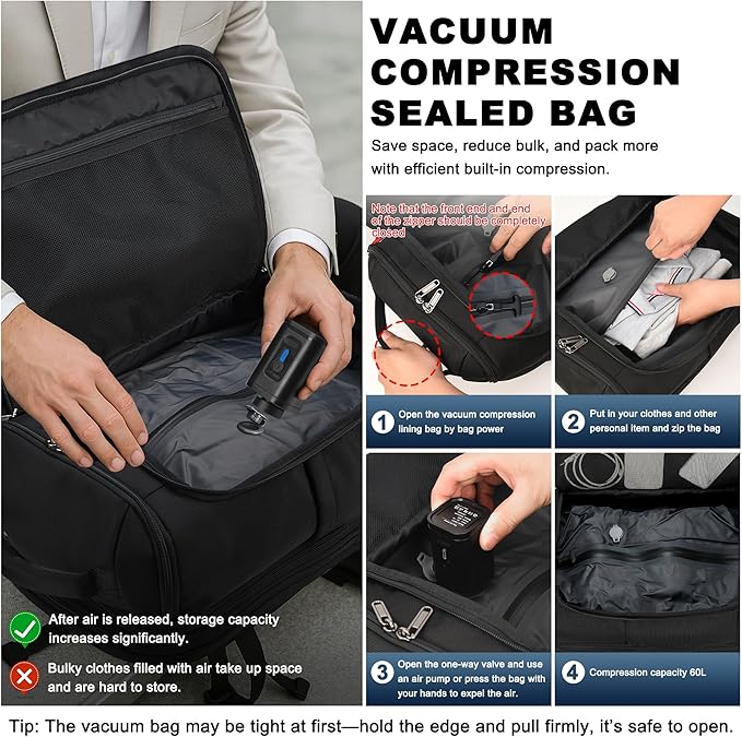 Vacuum Backpack Travel, Vacuum Seal Compression Travel Backpack with Pump, Laptop Compartment, 60L Expandable Water Resistant Business Carry-On Backpack Vacuum Gifts for Travel/College/Camping