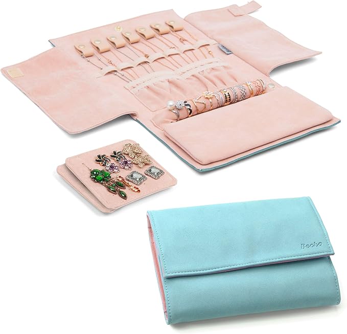 Becko US Jewelry Organizer Roll Travel Jewel Bag case for Multiple Necklaces, Rings, Bracelets, Supple Leather & Suede, Large Capacity Without Crease, Lightweight, Portable & Practical (Blue)