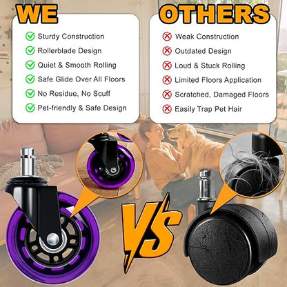 Office Chair Wheels for Casters Replacement - 3" Rubber Wheels for Computer Gaming Desk Caster Smooth & Safe Rolling for All Floors Including Hardwood and Carpet - Set of 5 - Purple