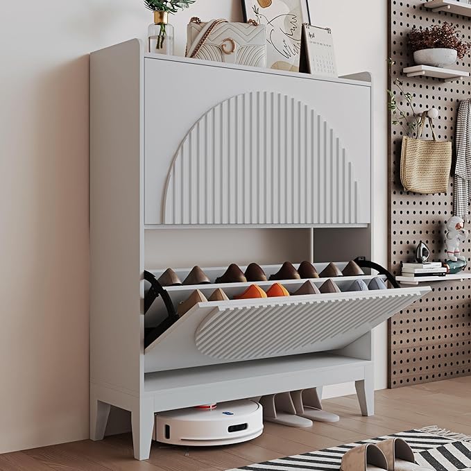 Shoe Cabinet with 2 Flip Drawers, Narrow Wooden Shoe Storage Cabinet for Entryway, Free-Standing Shoe Organizer with Rattan-Style Doors, Space-Saving Shoe Rack for Heels, Boots & Slippers(White)