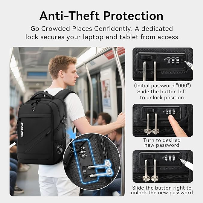 CROSSGEAR Large Travel Backpack Waterproof Laptop Bag Airline Approved Business Office Work Computer Casual Daypacks TSA Lock Anti-Theft Bookbag with USB Port Fit 17.3 inch Laptops for Men Women