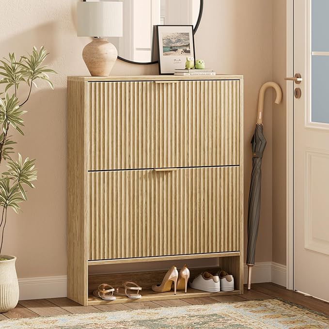 Evermagin 31.5''W Oak Shoe Cabinet Storage for Entryway, Fluted Slim Shoe Dresser with 2 Flip Drawers, Narrow Shoe Rack Cabinet, Hidden Shoe Organizer Cabinet for Entrance, Hallway
