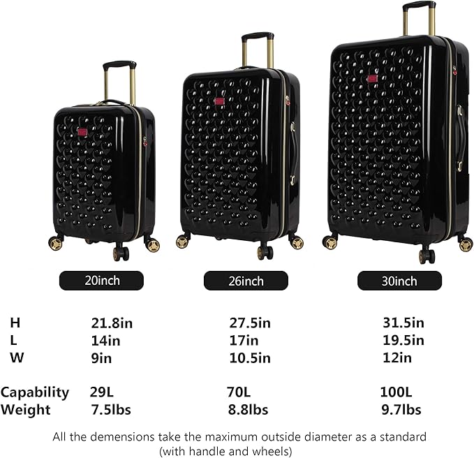 Betsey Johnson Luggage Hardside 3 Piece Set Suitcase With Spinner Wheels (20" 26" 30") (One Size, Heart to Heart Black)