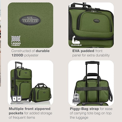 U.S. Traveler Rio Lightweight Softside Rolling Carry-on Suitcase, 2-Wheel Set, Green