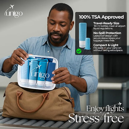 unigo Travel Bottles For Toiletries, 3.oz TSA Approved Containers, Travel Size Toiletries, Shampoo and Conditioner Bottles, Leak Proof and Refillable Bottles, BPA Free, Extra Bottle Covers (Blue)