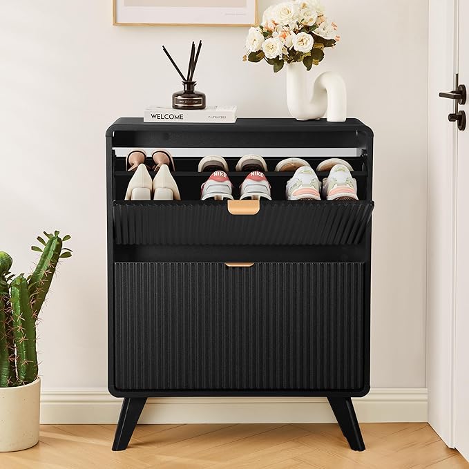 RARZOE Fluted Shoe Storage Cabinet with 2 Flip Drawers, Narrow Curved Shoe Cabinet for Entryway, Freestanding Wood Hidden Shoe Organizer Closed Shoe Rack Cabinet for Foyer, Hallway (27.5''Black)