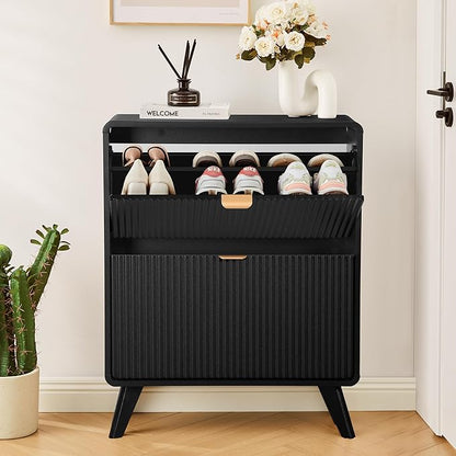 RARZOE Fluted Shoe Storage Cabinet with 2 Flip Drawers, Narrow Curved Shoe Cabinet for Entryway, Freestanding Wood Hidden Shoe Organizer Closed Shoe Rack Cabinet for Foyer, Hallway (27.5''Black)