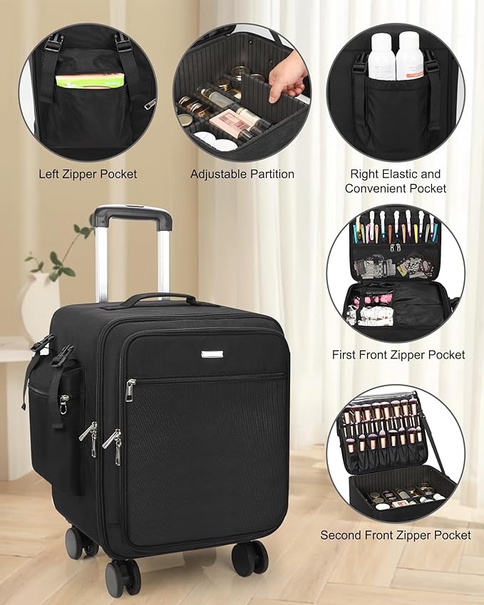 Relavel Rolling Makeup Case Professional Makeup Train Case,Makeup Artist Travel Bag with Wheels,6-in-1 Portable Travel Beauty Trolley Case for Cosmetology Storage(Black)