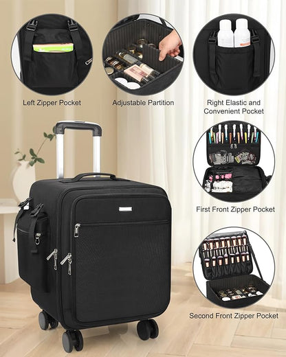 Relavel Rolling Makeup Case Professional Makeup Train Case,Makeup Artist Travel Bag with Wheels,6-in-1 Portable Travel Beauty Trolley Case for Cosmetology Storage(Black)
