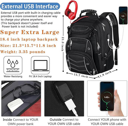 VECKUSON 18.4 Laptop Backpack for unisex, 60L Extra Large Gaming Laptops Back Bag with USB Charger Port,TSA Friendly Flight Approved and RFID Anti-Theft Pocket Heavy-duty Pack,21.3*15.7*11.8inch Grey