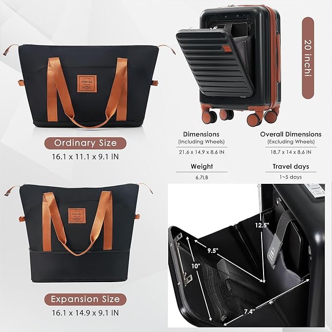 Merax Front Opening 20-Inch Carry-On Luggage with Expandable Travel Bag Set, ABS Hard Shell Two-piece Suitcase Set with USB Port, Cup Holder, ABS+black and brown