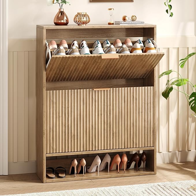 31.5''W Oak Shoe Storage Cabinet for Entryway with 2 Flip Drawers, Narrow Wood Fluted Shoe Rack Cabinet,Freestanding Slim Shoe Organizer Cabinet for Foyer, Hallway