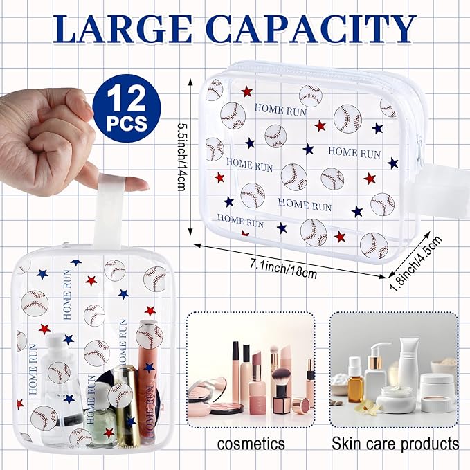 12 PCS Baseball Gift Accessories Bags Baseball Cosmetic Bags Goodie Snack Makeup Pouch Bag Waterproof Clear PVC Travel Bag with Zipper for Girls Team Gifts Valentine Player Sport Party Favors