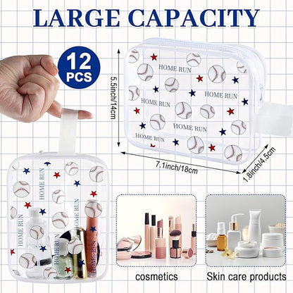 12 PCS Baseball Gift Accessories Bags Baseball Cosmetic Bags Goodie Snack Makeup Pouch Bag Waterproof Clear PVC Travel Bag with Zipper for Girls Team Gifts Valentine Player Sport Party Favors