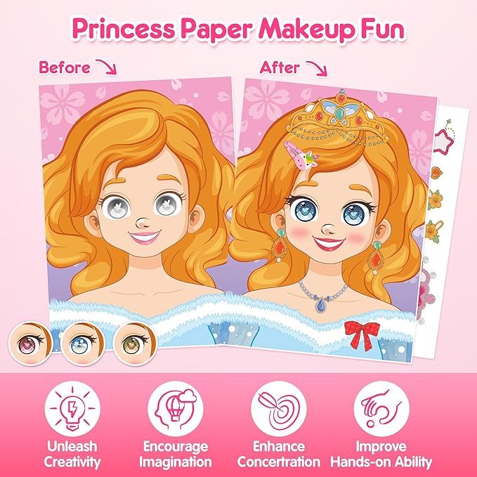 Mocoosy Princess Makeup Art Craft Kit for Girls, Foil Crafts & Gem Painting, Paper Doll Makeup Activity Kit for Kids Ages 4-8, Dress Up Sticker Books, Travel Toys Birthday Gift 5 6 7 8 9 Years Old