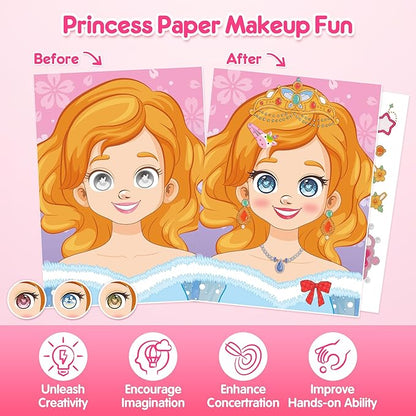 Mocoosy Princess Makeup Art Craft Kit for Girls, Foil Crafts & Gem Painting, Paper Doll Makeup Activity Kit for Kids Ages 4-8, Dress Up Sticker Books, Travel Toys Birthday Gift 5 6 7 8 9 Years Old