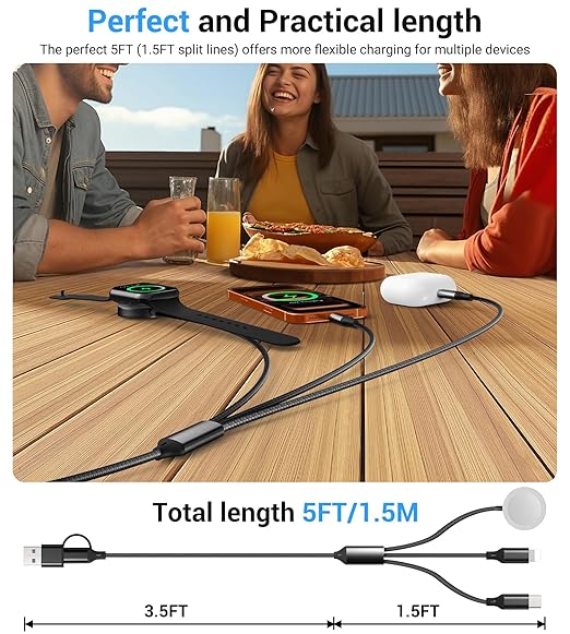 WAVELIFE for Apple Watch Charger Travel Essentials,Multi Charger Cable for iWatch Charger/for iPhone 17-12,3 in 2 USB A/C,Type C,Lighting,iWatch Charging Cord,Vacation RV Camping Essentials-5FT Black
