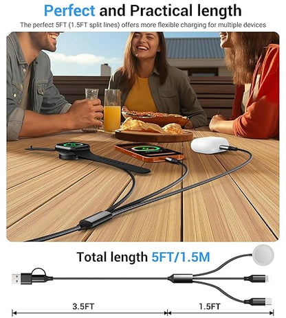 WAVELIFE for Apple Watch Charger Travel Essentials,Multi Charger Cable for iWatch Charger/for iPhone 17-12,3 in 2 USB A/C,Type C,Lighting,iWatch Charging Cord,Vacation RV Camping Essentials-5FT Black