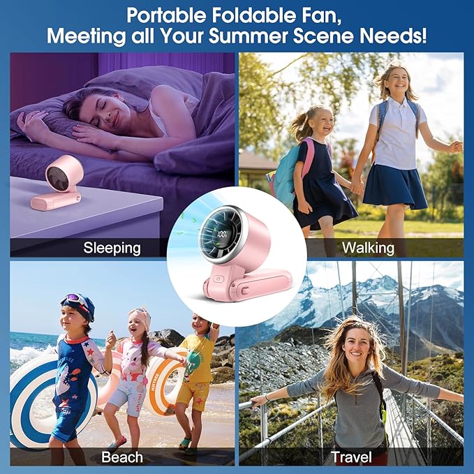 WHATOOK Portable Handheld Fan: Personal Fans with Air Turbo Tech, 5 Speeds Led Display, USB Rechargeable Battery Powered, 12 Hours Max, Mini Fan for Makeup, Concerts, Beaches, Travel (Pink)